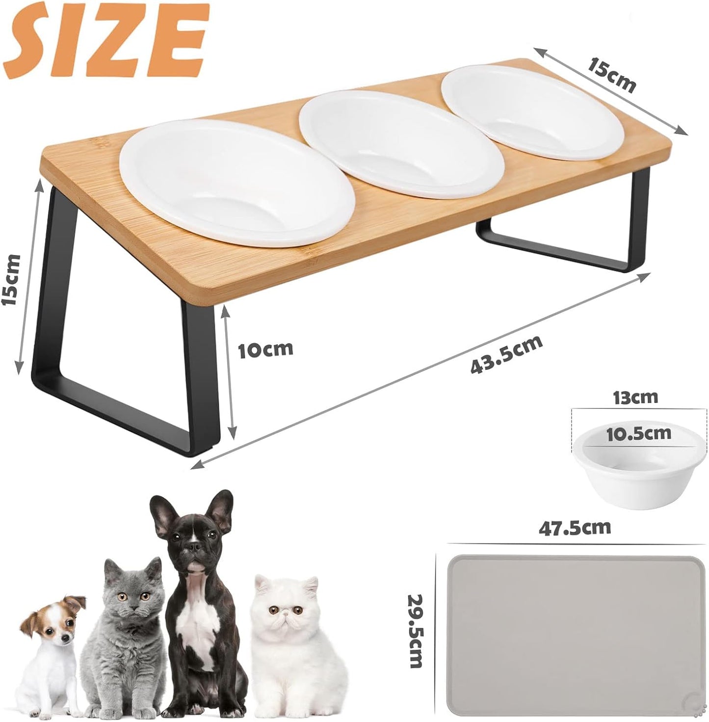 Cat Bowl, Ceramic Cat Food Bowls With 15° Tilted Wood Stand,Raised Cat Bowls for Food and Water, Bamboo Cat Feeding Station with Cat Food Mat for Cats and Puppy (3 Bowls with Stand)