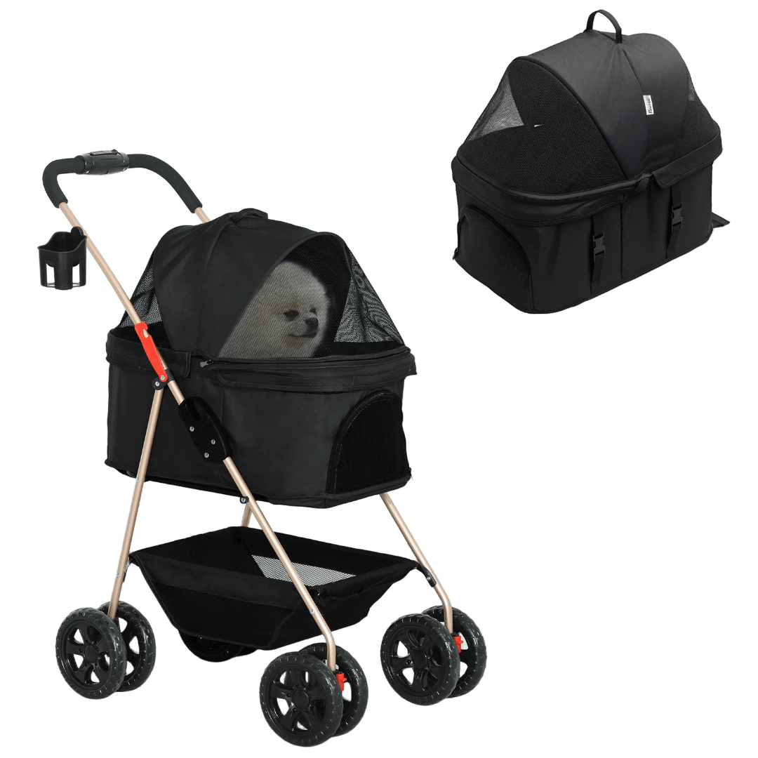 Compact Pet Stroller with Removable Basket & Storage