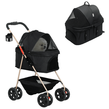 Compact Pet Stroller with Removable Basket & Storage