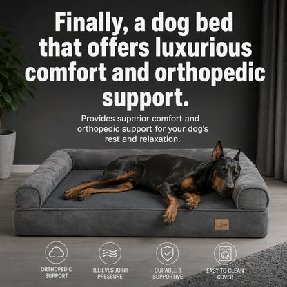 A black and tan Doberman dog lies on a plush gray orthopedic dog bed 