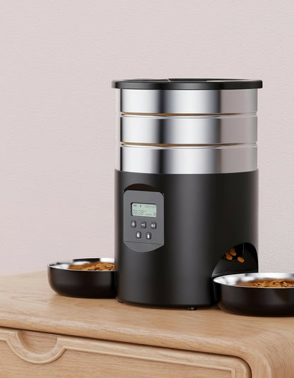 Automatic Cat Feeder For 2 Cats - Stainless Steel Cat Food Dispenser for Fresh Dry Food with Timer - 5L Electric Pet Feeder with Double Bowls Indoor- Auto Small Dog Feeder Dual Power - Button Control