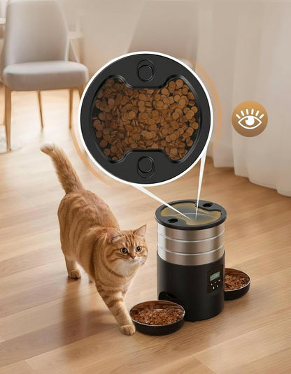 Automatic Cat Feeder For 2 Cats - Stainless Steel Cat Food Dispenser for Fresh Dry Food with Timer - 5L Electric Pet Feeder with Double Bowls Indoor- Auto Small Dog Feeder Dual Power - Button Control