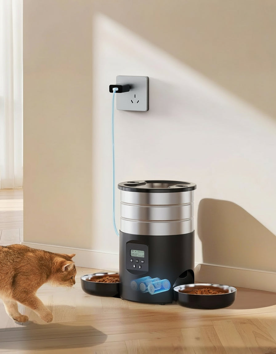 Automatic Cat Feeder For 2 Cats - Stainless Steel Cat Food Dispenser for Fresh Dry Food with Timer - 5L Electric Pet Feeder with Double Bowls Indoor- Auto Small Dog Feeder Dual Power - Button Control