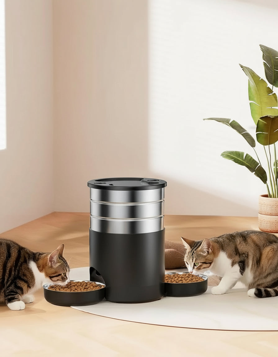 Automatic Cat Feeder For 2 Cats - Stainless Steel Cat Food Dispenser for Fresh Dry Food with Timer - 5L Electric Pet Feeder with Double Bowls Indoor- Auto Small Dog Feeder Dual Power - Button Control