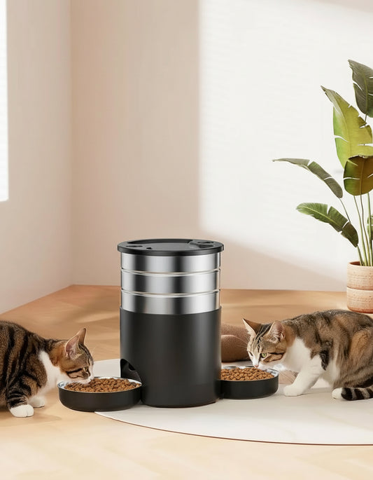 Automatic Cat Feeder For 2 Cats - Stainless Steel Cat Food Dispenser for Fresh Dry Food with Timer - 5L Electric Pet Feeder with Double Bowls Indoor- Auto Small Dog Feeder Dual Power - Button Control