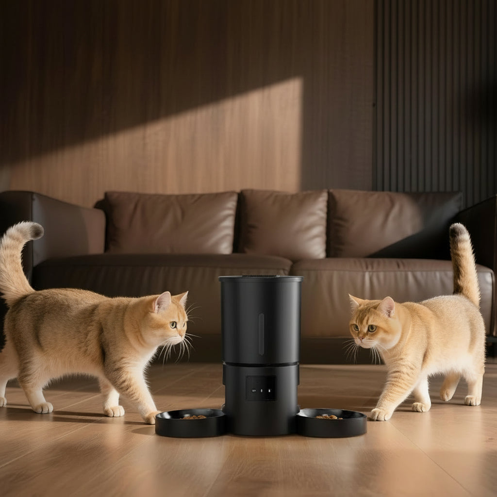 Automatic Cat Feeder with 2 Bowls: 5L Automatic Cat Feeder for 2 Cats with 2.4G WiFi & App Timer for Dry Food -  Dual Bowl Design for Mult Cats & Dogs - Black