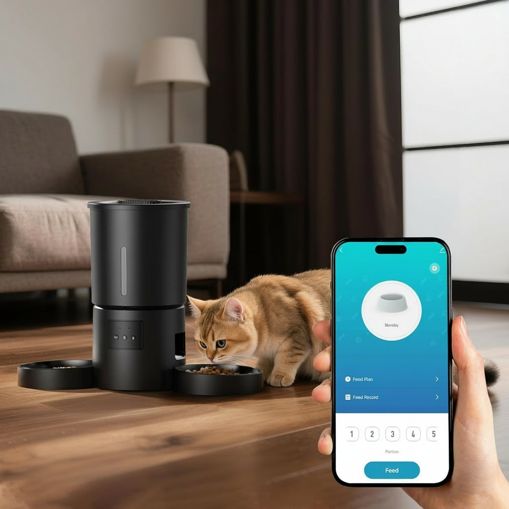 Automatic Cat Feeder with 2 Bowls: 5L Automatic Cat Feeder for 2 Cats with 2.4G WiFi & App Timer for Dry Food -  Dual Bowl Design for Mult Cats & Dogs - Black