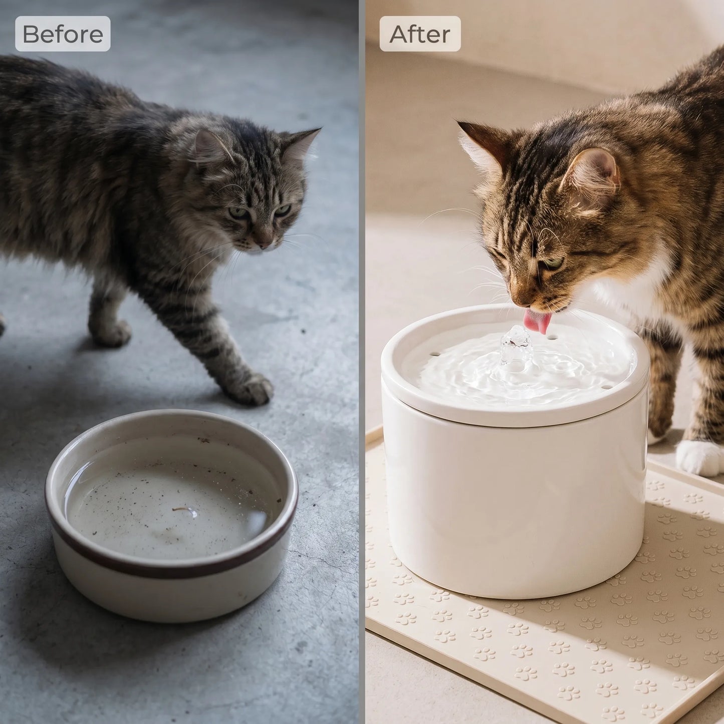 Before and after comparison of a cat drinking from a water fountain.