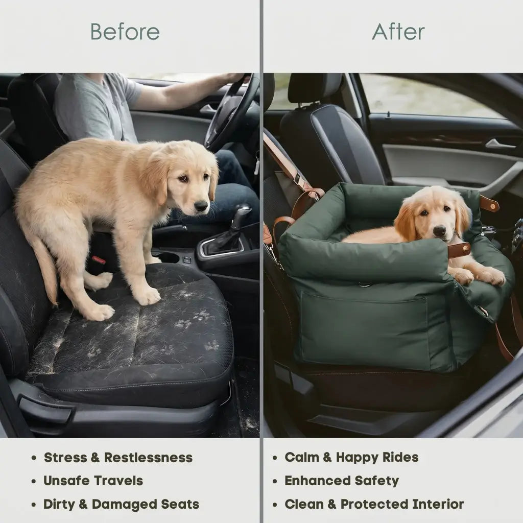 Before and after comparison of a puppy in a car with and without a pet car seat 