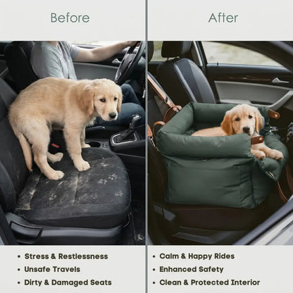 Before and after comparison of a puppy in a car with and without a pet car seat 