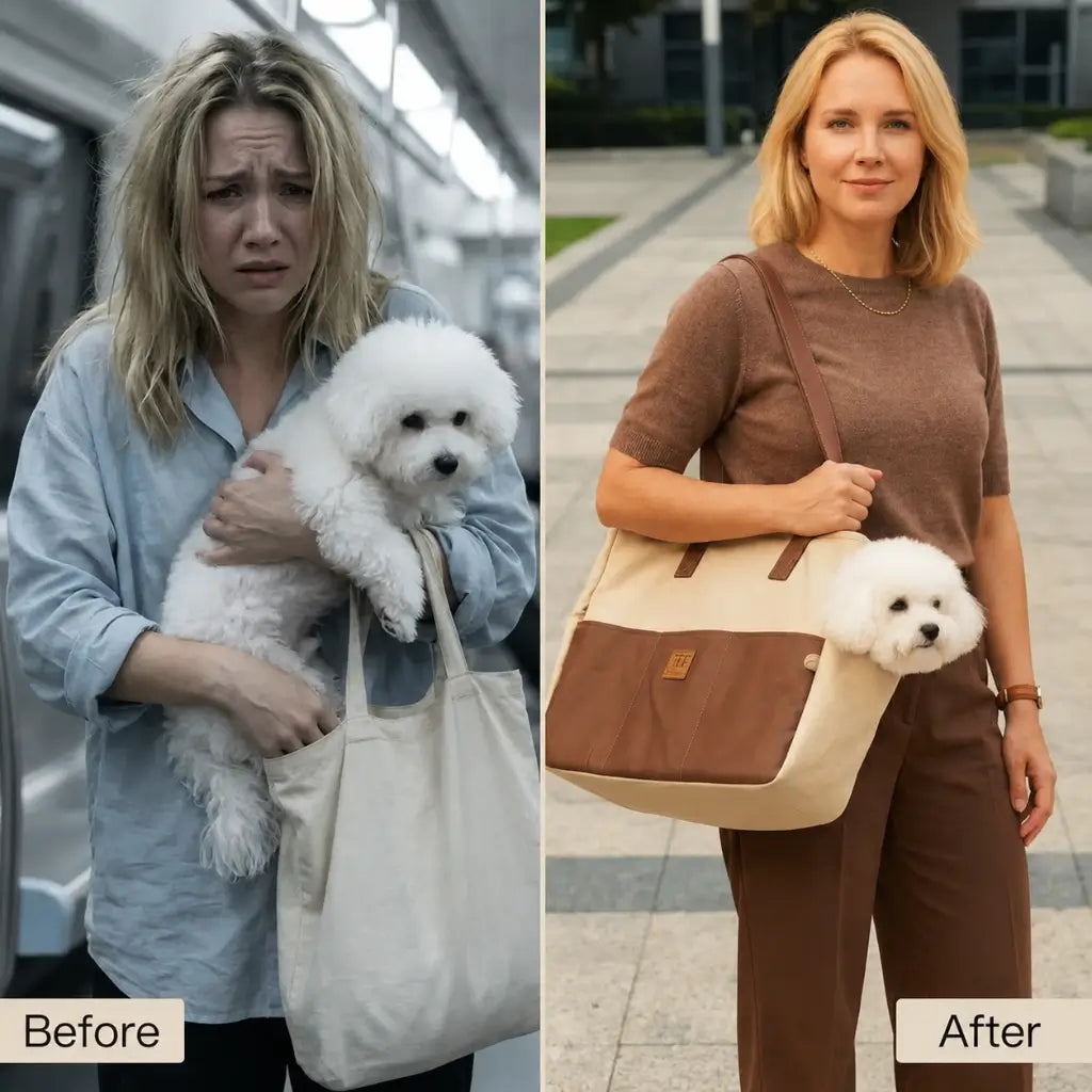 Before and after comparison of a woman holding a dog in a carrier bag.