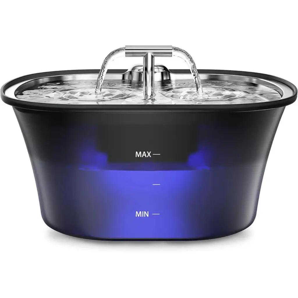 Black Pet water fountain with stainless tray on a white background