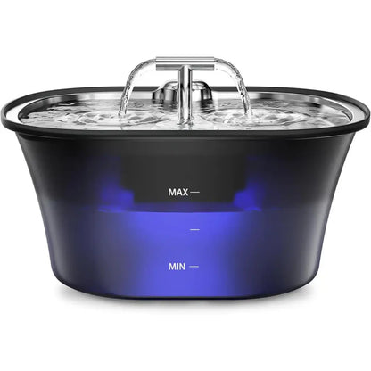 Black Pet water fountain with stainless tray on a white background