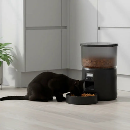 Black cat eating from a pet food dispenser on a light wood floor