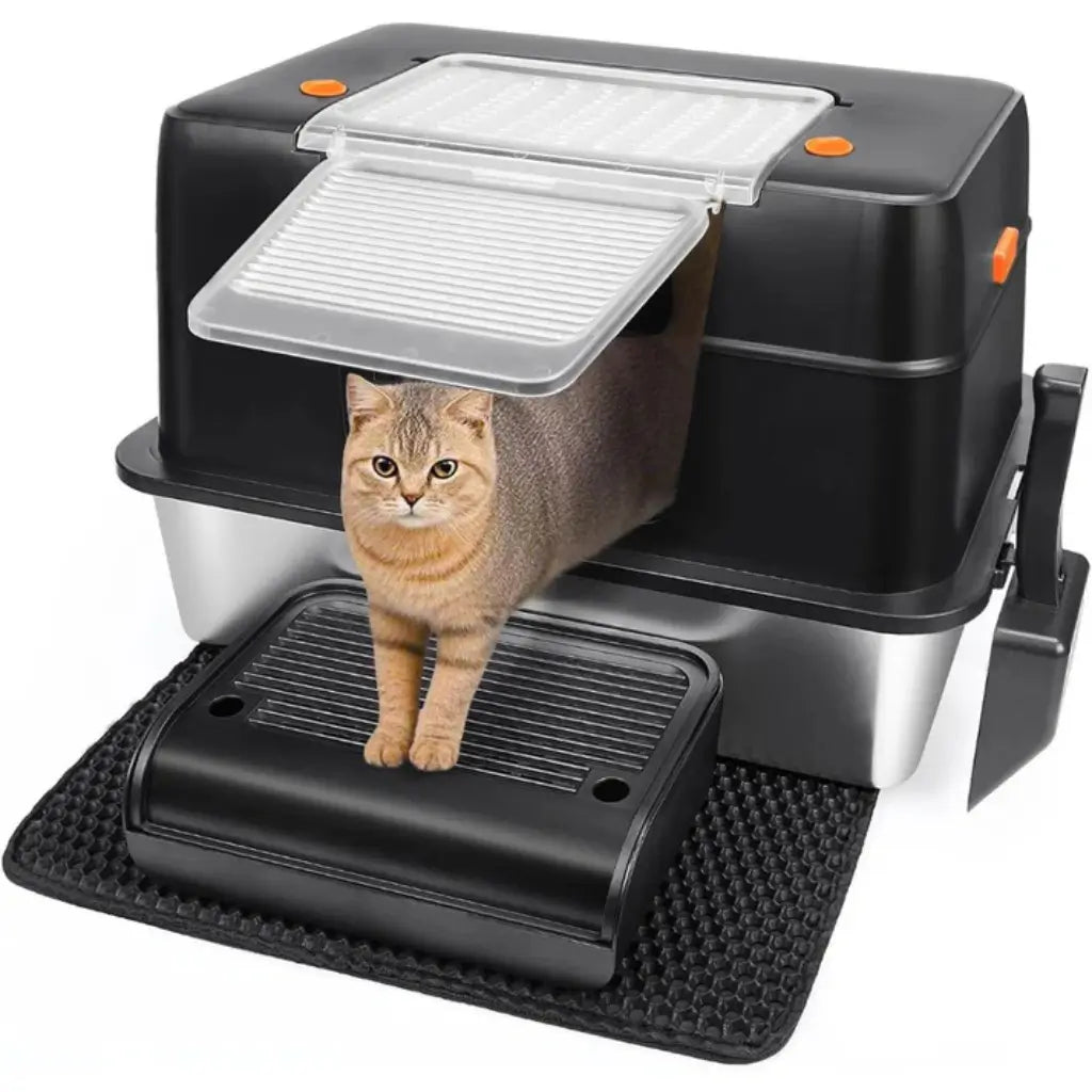 Black cat litter box with a cat peeking out from under the lid on a white background