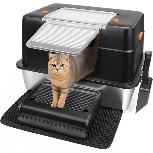 Black cat litter box with a cat peeking out from under the lid on a white background
