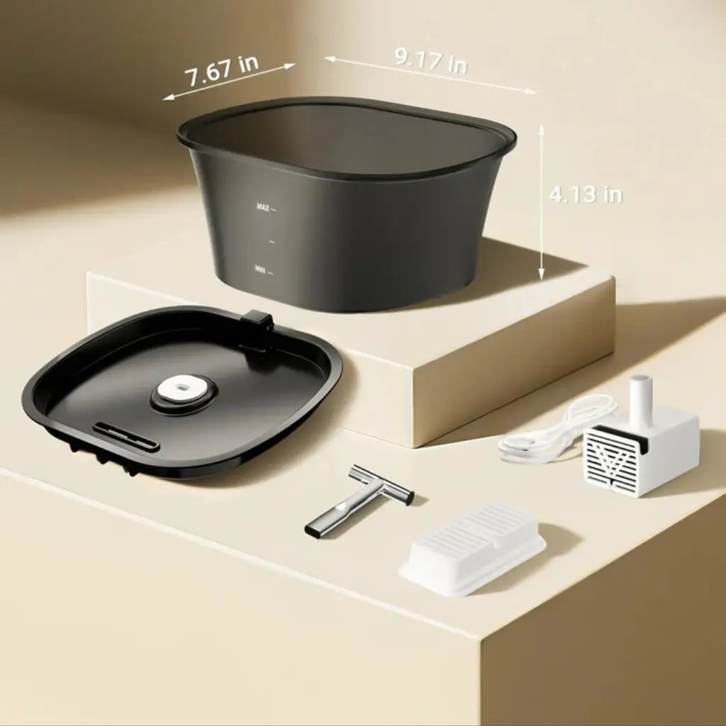 Black cat water fountain with dimensions displayed on a beige surface