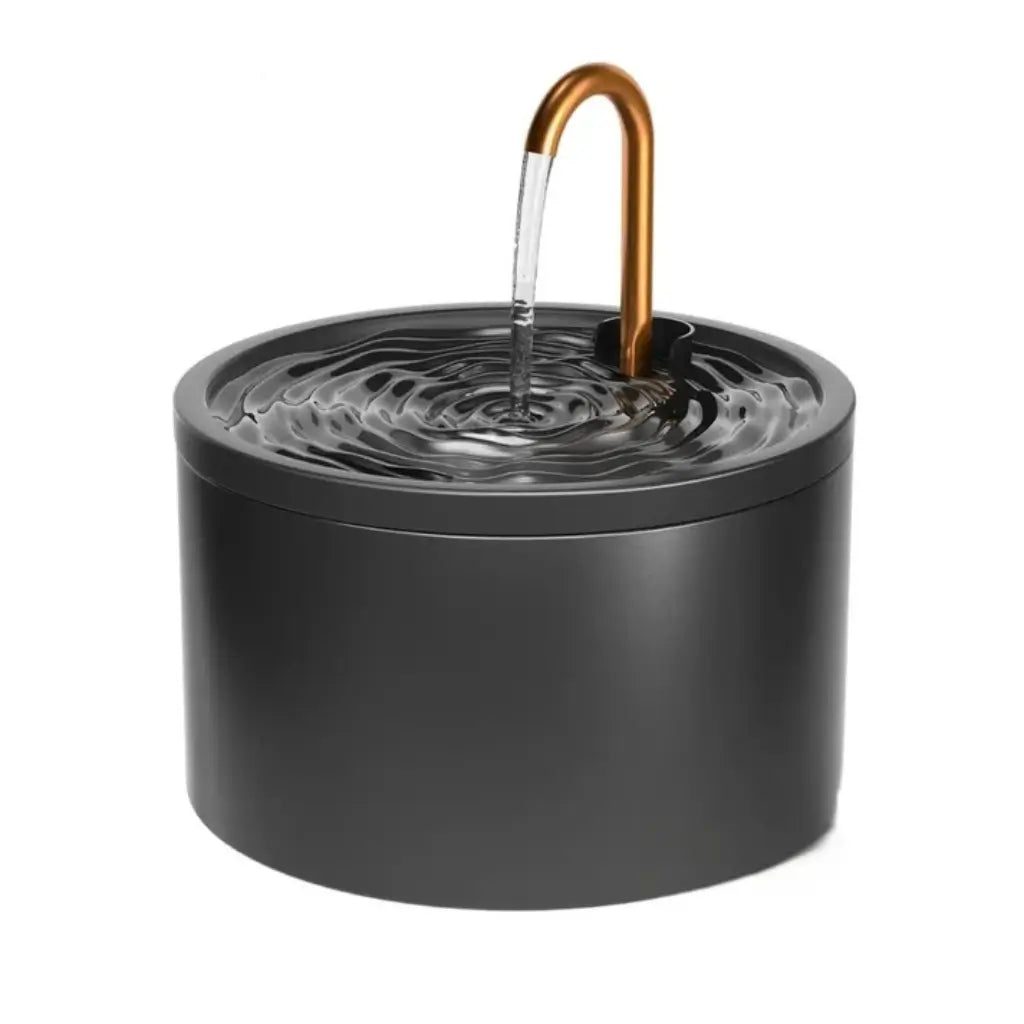 Black ceramic cat water fountain with a copper faucet on a white background