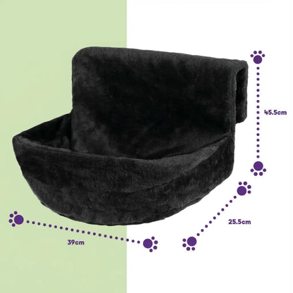 Black pet bed with measurements on a green and white background