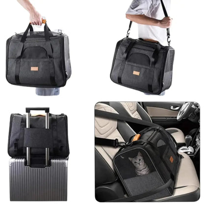 Black pet carrier shown in various settings including a suitcase, car seat, and held by a person