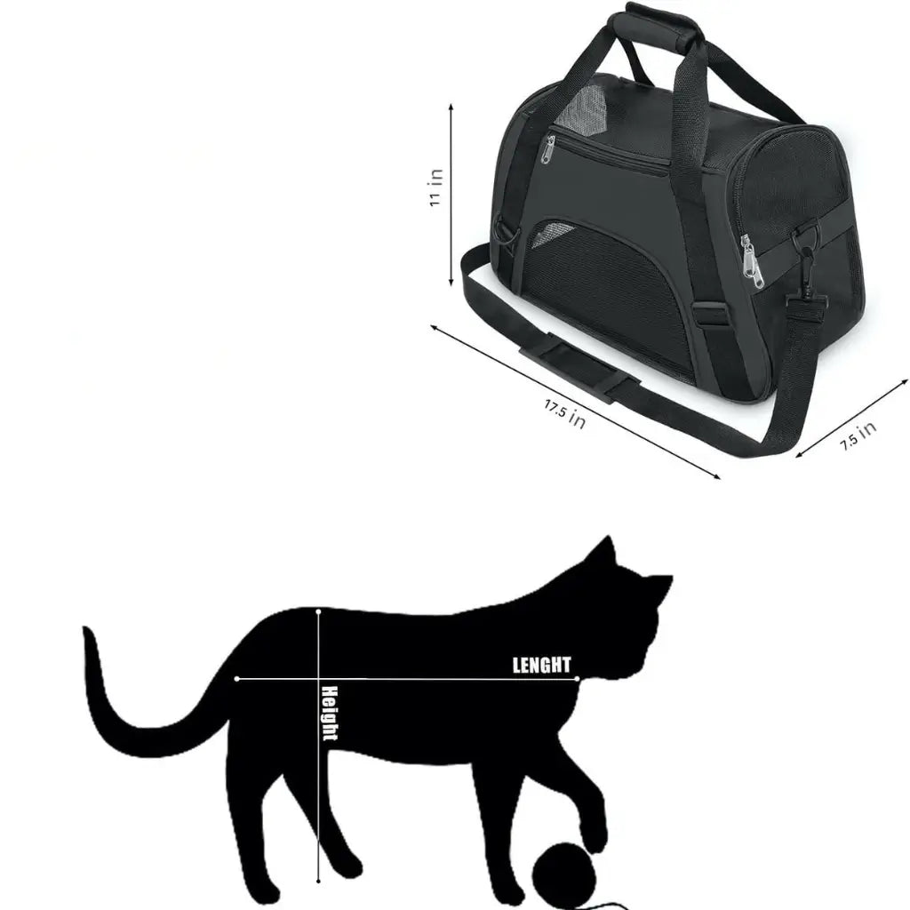 Black pet carrier with dimensions and a silhouette of a cat for scale on a white background
