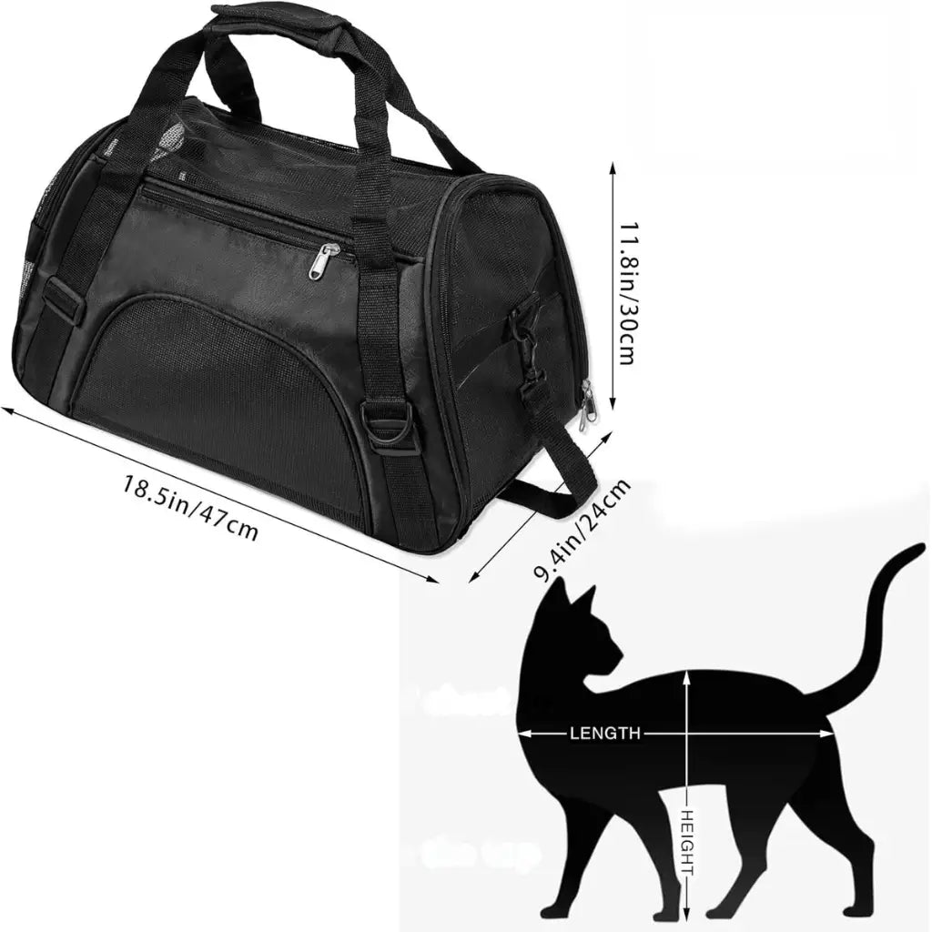 Black pet carrier with dimensions and a silhouette of a cat for scale on a white background