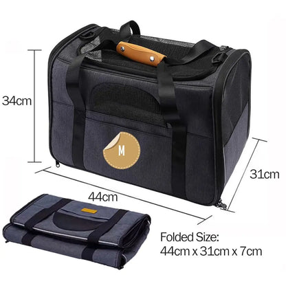 Black pet carrier with dimensions and folded size displayed