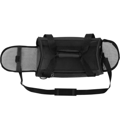 Black pet carrier with mesh sides on a white background