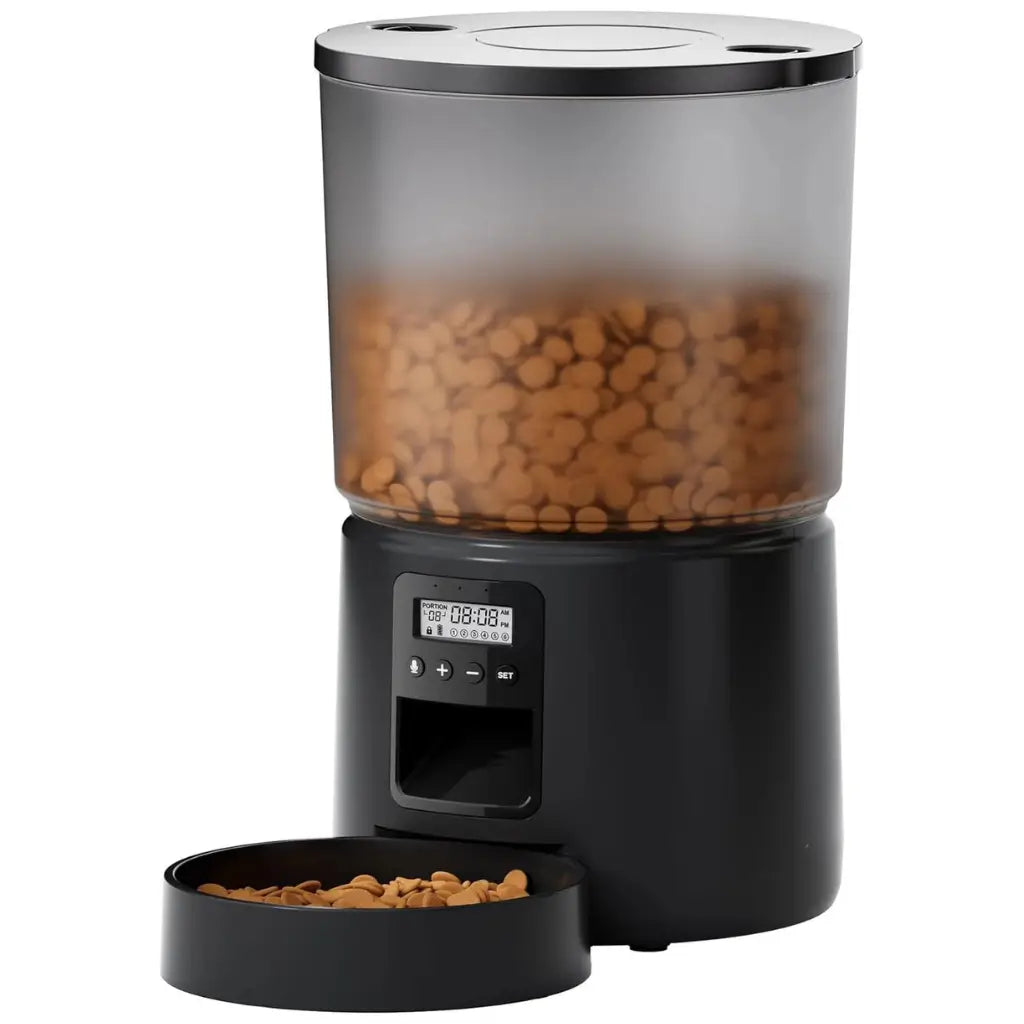 Black pet food dispenser with a digital display and pet food inside on a white background