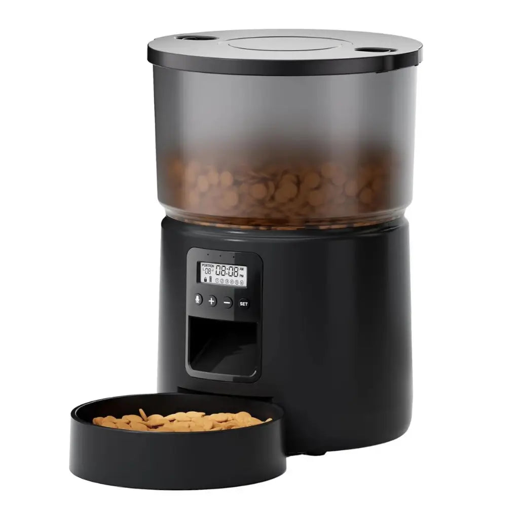 Black pet food dispenser with digital display on a white background