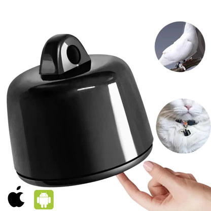 Black pet gps tracker with a hand interacting with it, showing close-up images of pets wearing it 