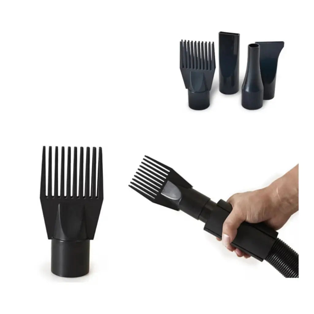 Black pet hair styling tool with attachments on a white background