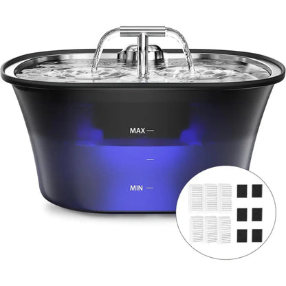 Black pet water fountain with stainless tray and pack of filters on a white background