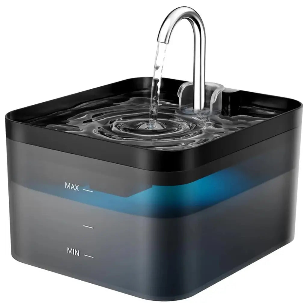 Black pet water fountain with water flowing on a white background