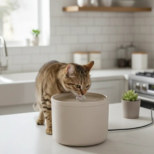 Cat drinking from a ceramic white water fountain on a kitchen counter