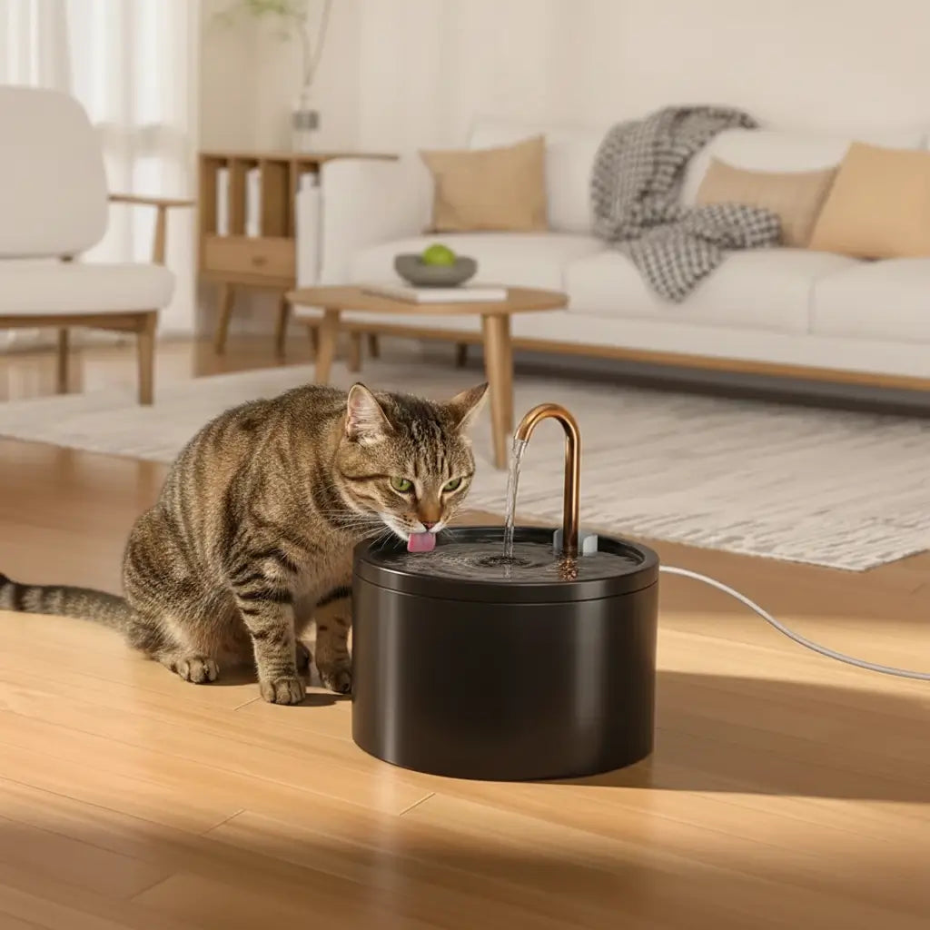 Cat drinking water from a black pet ceramic fountain in a living room