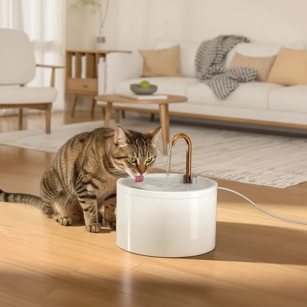 Cat drinking water from a modern pet ceramic fountain in a living room