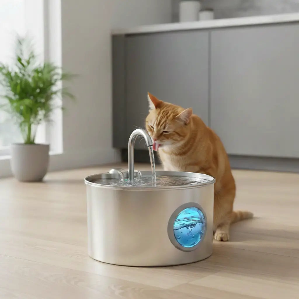Cat drinking water from a stainless steel pet fountain in a bright room