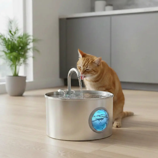 Cat drinking water from a stainless steel pet fountain in a bright room