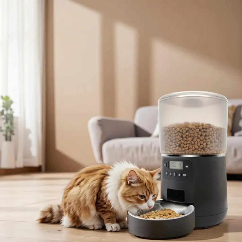 Cat eating from a bowl next to an automatic pet feeder in a home setting