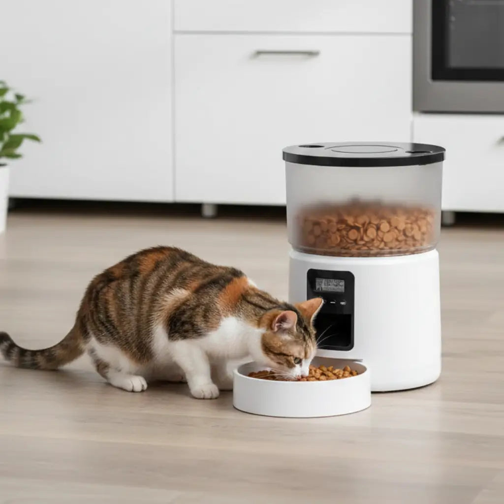 Cat eating from a bowl next to an automatic pet feeder in a kitchen
