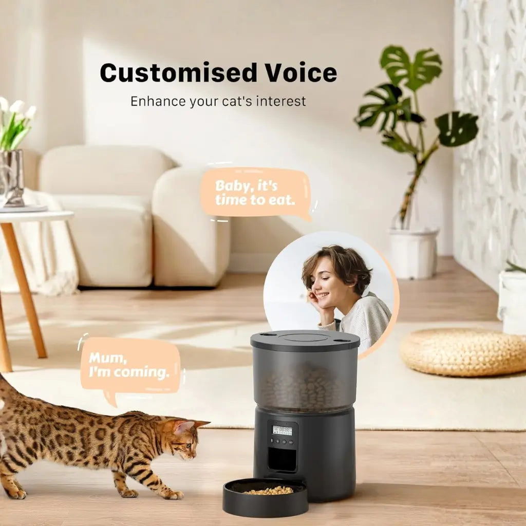 Cat interacting with a pet feeder in a modern living room, with text about customised voice features