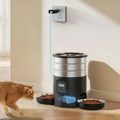 Cat interacting with an automatic pet feeder on a wooden floor