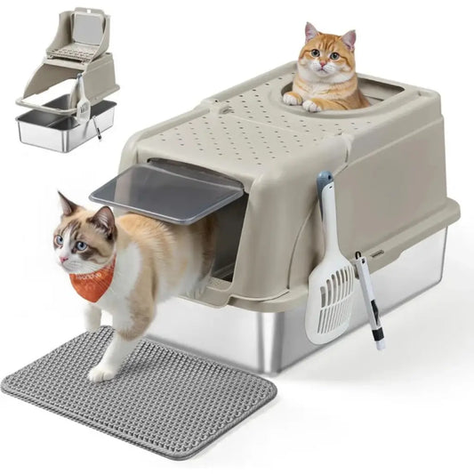 Cat litter box with a cat stepping out, showing accessories on a white background