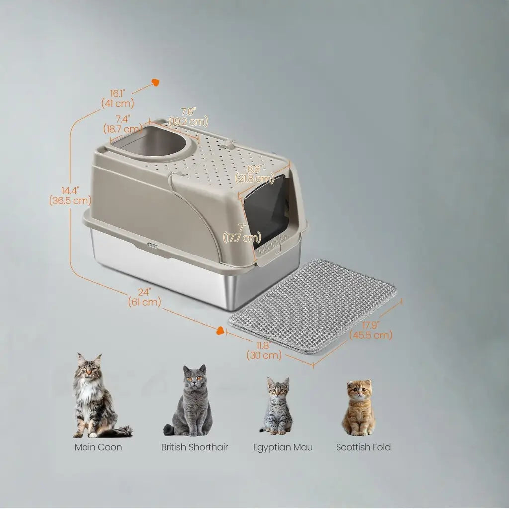 Cat litter box with dimensions and four cat breeds on a gray background