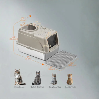 Cat litter box with dimensions and four cat breeds on a gray background
