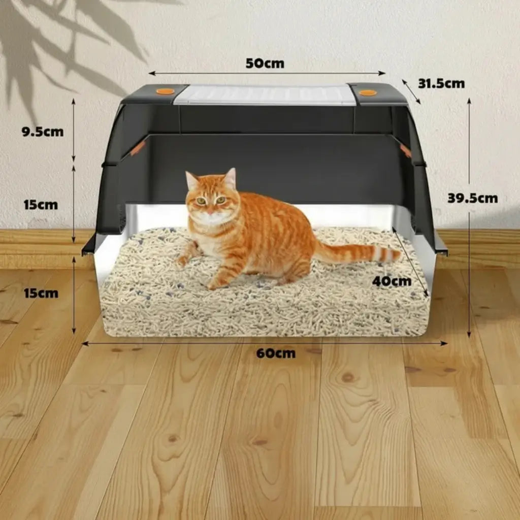 Cat litter box with dimensions labeled, featuring a cat inside on a wooden floor