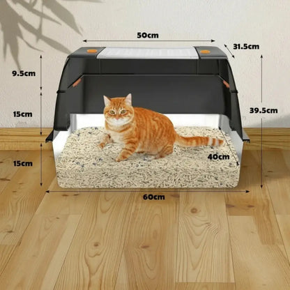 Cat litter box with dimensions labeled, featuring a cat inside on a wooden floor