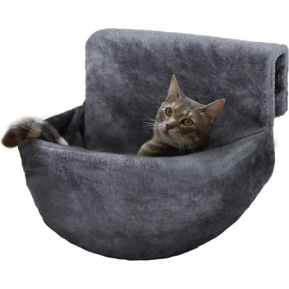 Cat lying in a gray pet bed on a white background