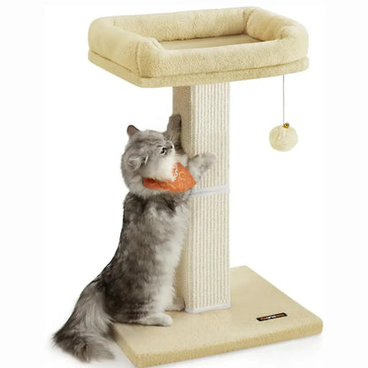 Cat playing with a toy on a beige cat tree against a white background